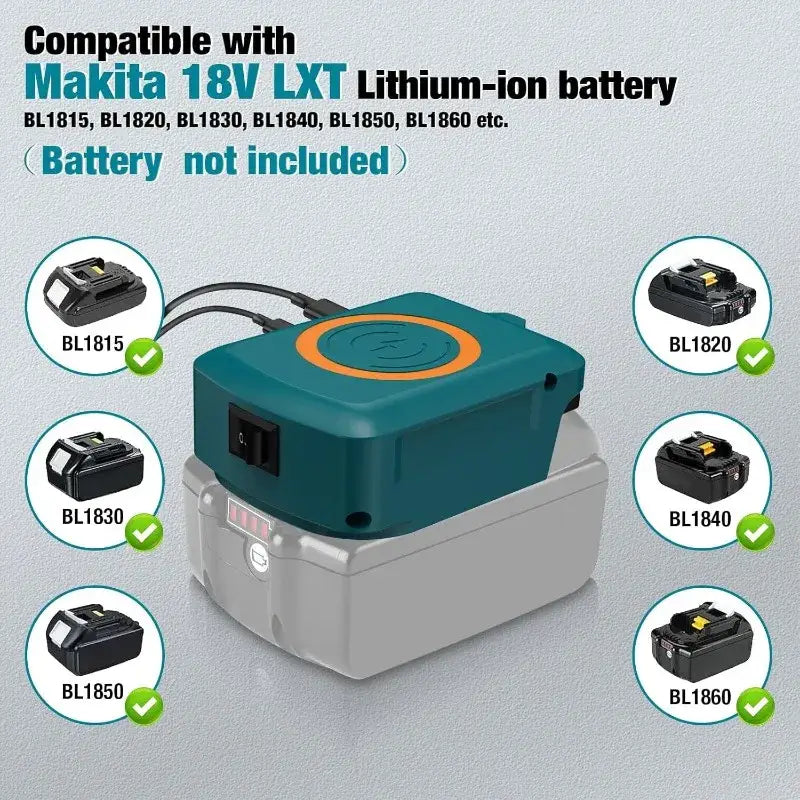 Makita 18v battery wireless charger 15w in teal and gray with an orange circular charging indicator.