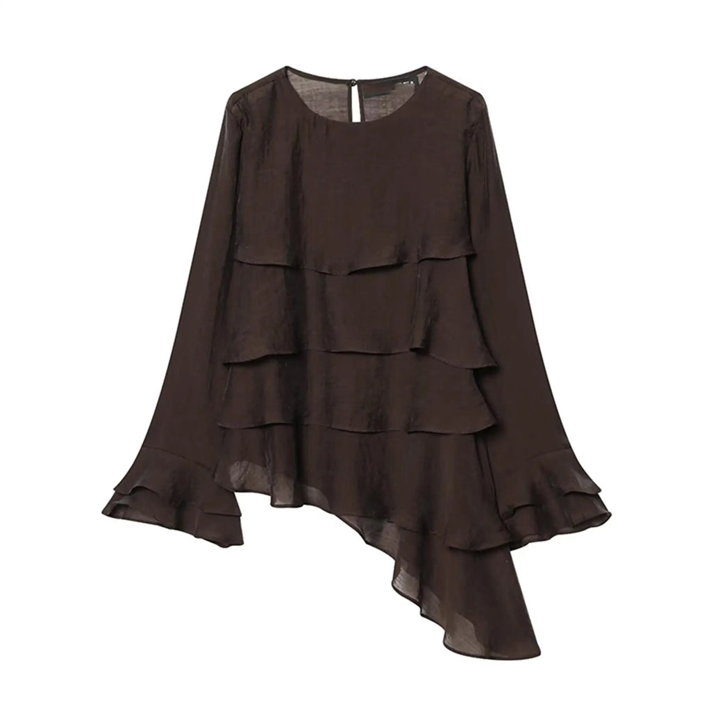 Women Casual Chic Blouse O-Neck Tierred Long Sleeve Loose Shirts Vintage Style Tops New Fashion Summer Elegant Lady Outfit