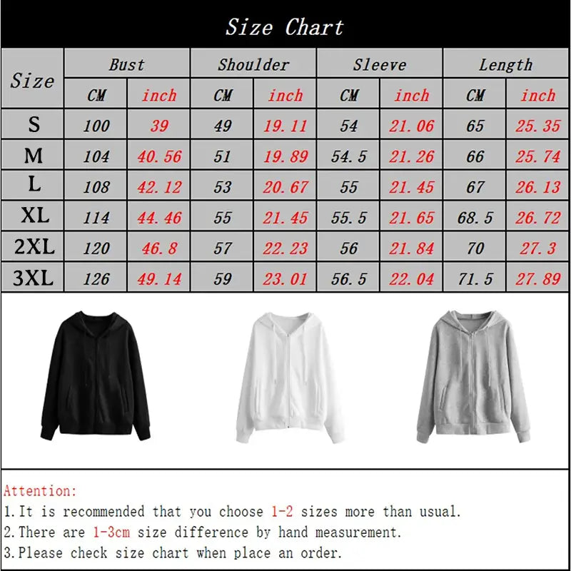 Men zip up hooded sweatshirts in black white and gray displayed in a size chart made from cotton blend for casual wear.