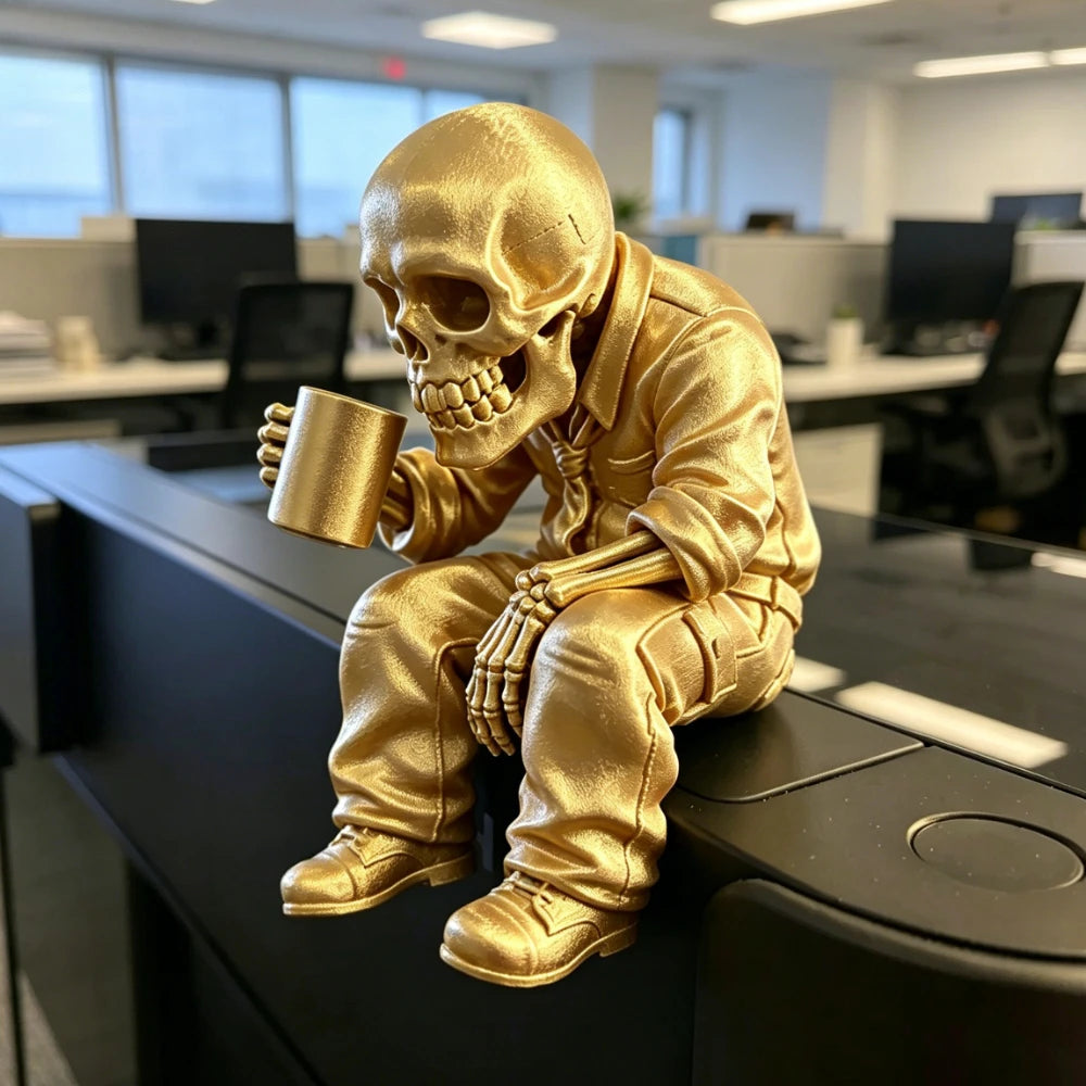 Gothic Eerie Office Worker Skeleton Miniature Figurine Seated Coffee Drinking Skull Desk Ornaments Humor Home Office Decor Gifts