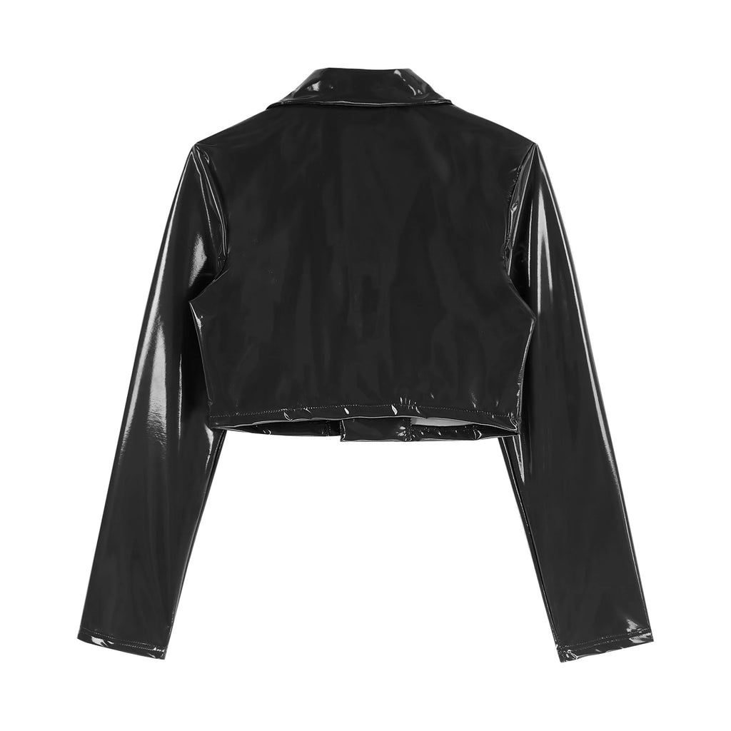 Mens Wet Look Long Sleeve Cropped Coat Lapel Patent Leather Jacket Motorcycle Coats Stage Performance Rave Party Costumes