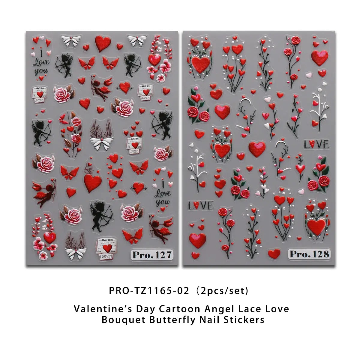 Pegatinas para uñas de San Valentín que presentan diseños tipo caricatura de ángel, encaje, ramo de amor y mariposa en rojo, rosa y negro, con acentos brillantes para calcomanías de arte de uñas DIY.