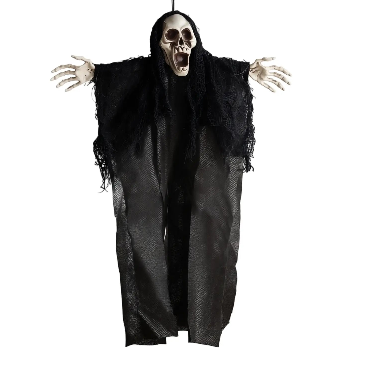 Décoration d’Halloween suspendue en forme de squelette fantôme, accessoire suspendu noir, présentant une silhouette squelettique avec une expression bouche ouverte, drapée dans un tissu déchiré, idéale pour des décors en salle d’évasion et pour des présentations suspendues d’Halloween