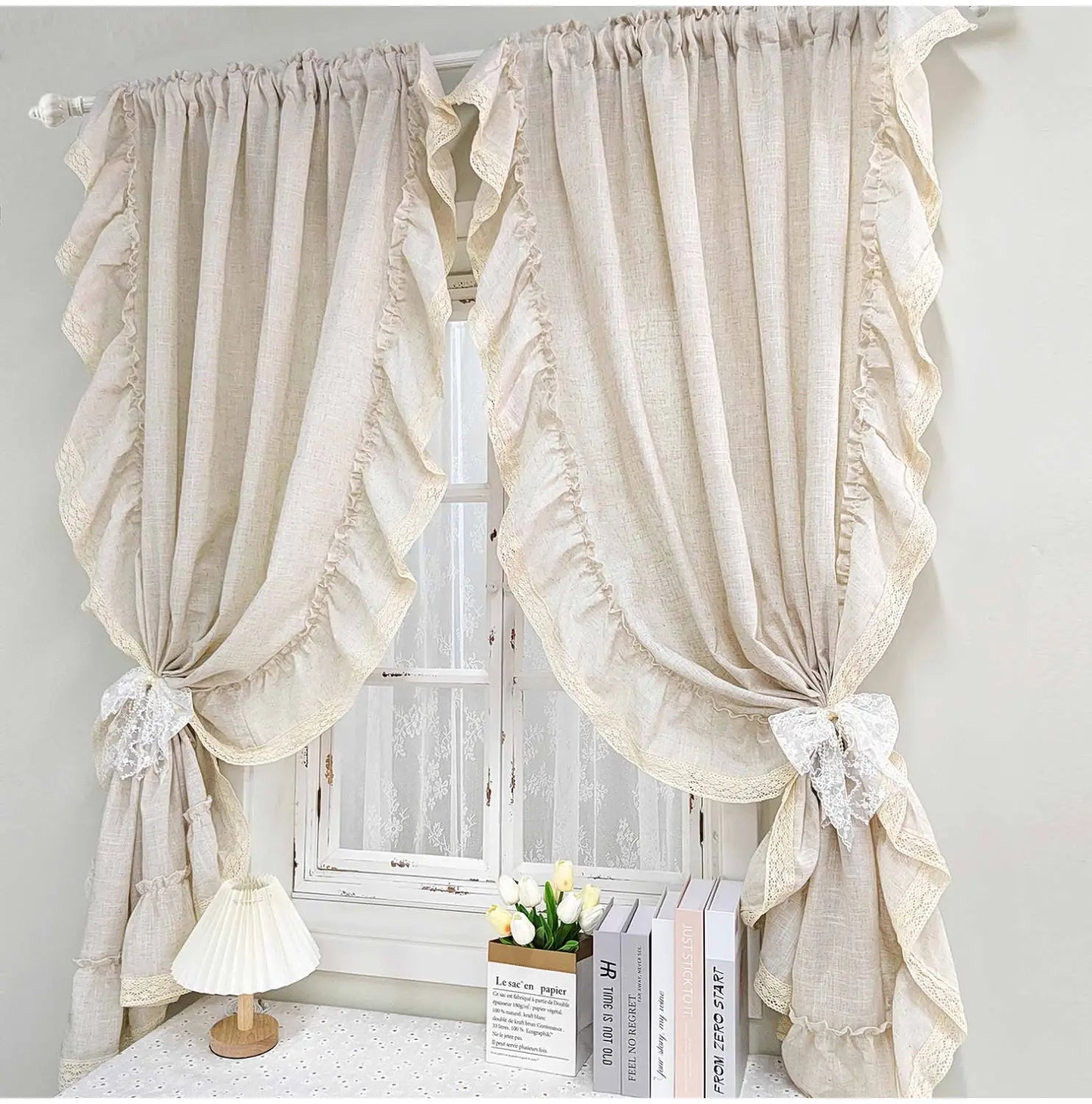 beige ruffled linen curtains with lace trim and decorative bows designed for living room use and accept customization with tracking number available.