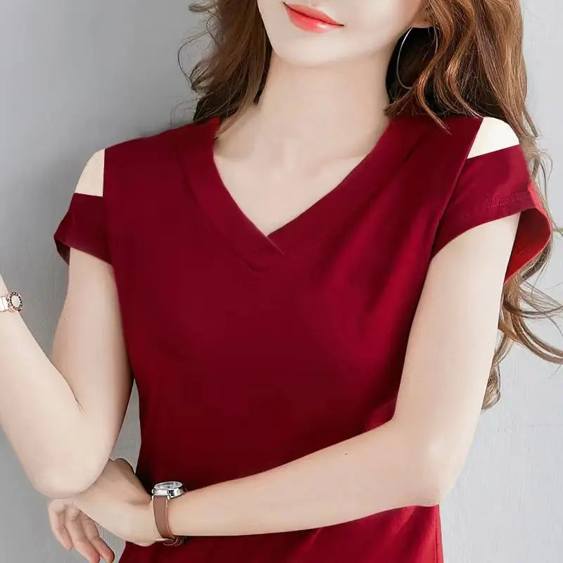 Short Sleeve Summer Thin T-Shirts Loose V-neck Pullovers Solid Simplicity Office Lady Elegant New  Casual Women's Clothing 2023