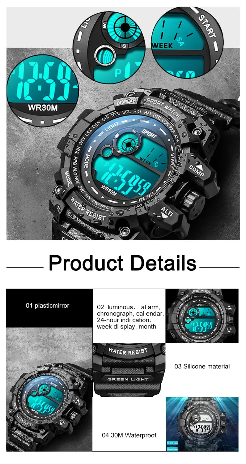 Black digital sport watch with green luminous backlight display and silicone strap designed for army military use and waterproof performance.