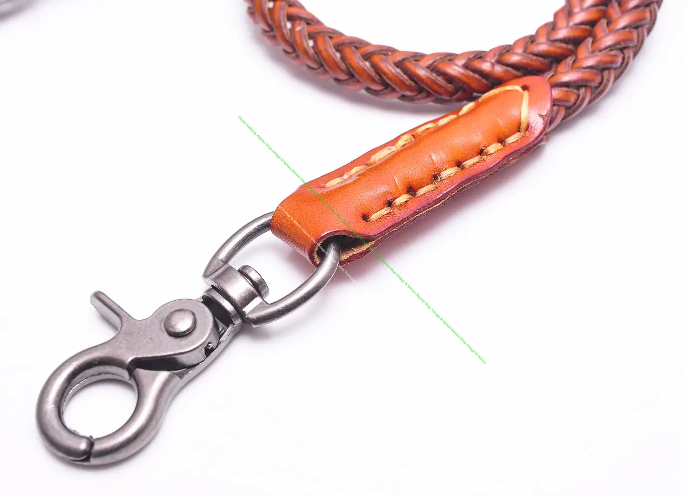 brown braided leather leash with tan stitched handle and silver-toned clasp for leather biker wallet chain punk jeans accessory