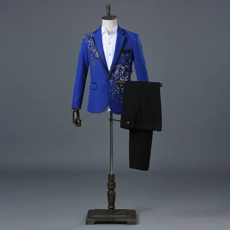 Men's Black Suit with Silver Floral Embroidery 2-Piece Formal Tuxedo Set Stage Performance Wedding Party Blazer and Pants Suit