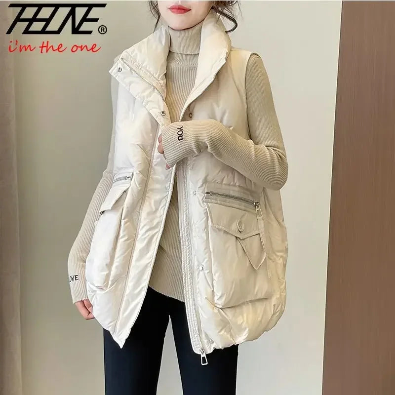 Winter Jackets Vests for Women 2025 Chalecos Para Mujer Plus Size Fashion Casual Korean Style Padded Parkas Pockets Long Coats