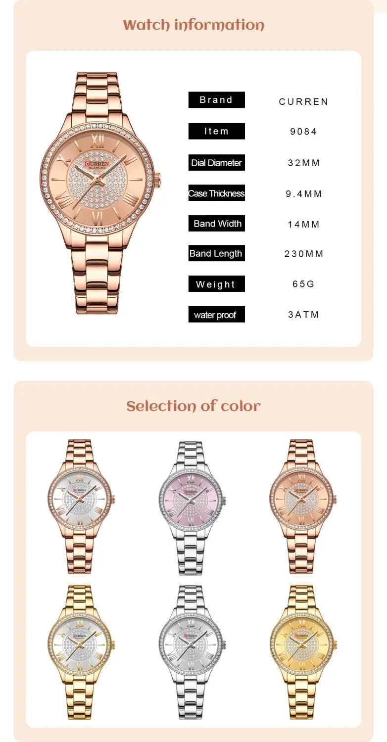 Rose gold Curren 9084 women’s stainless steel crystal quartz watch with a diamond-encrusted dial and matching link bracelet.