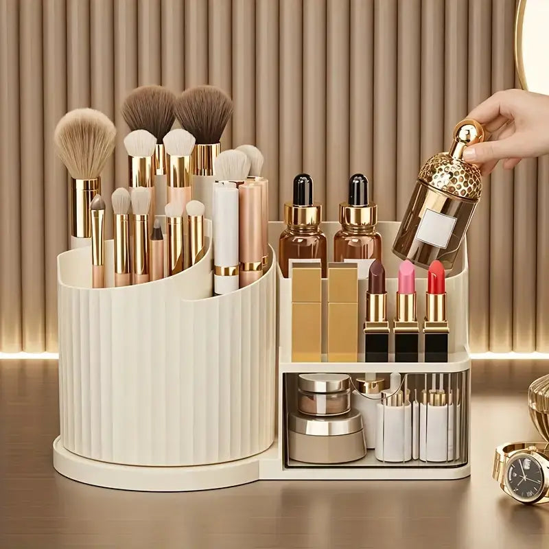 Cream-colored ribbed plastic makeup organizer with tiered compartments and brush holder designed for large capacity skincare and cosmetics storage.