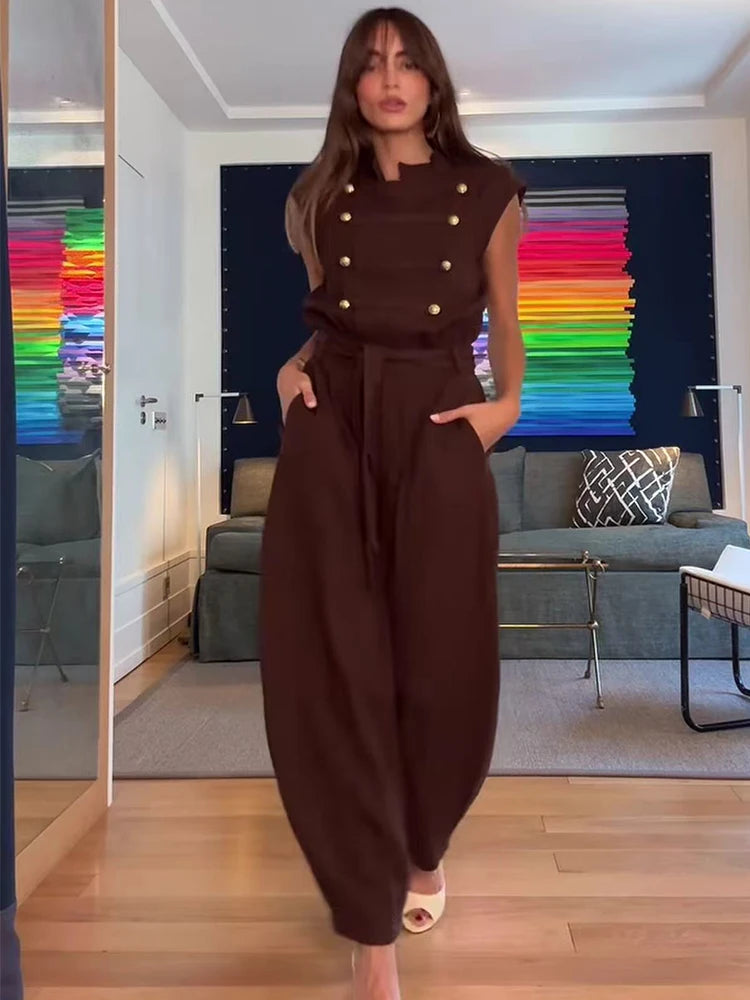 Women Long Jumpsuits 2026 Sleeveless Playsuits Elegant Solid Color Rompers Casual Stand Collar Belt Fashion Commuting Outfit