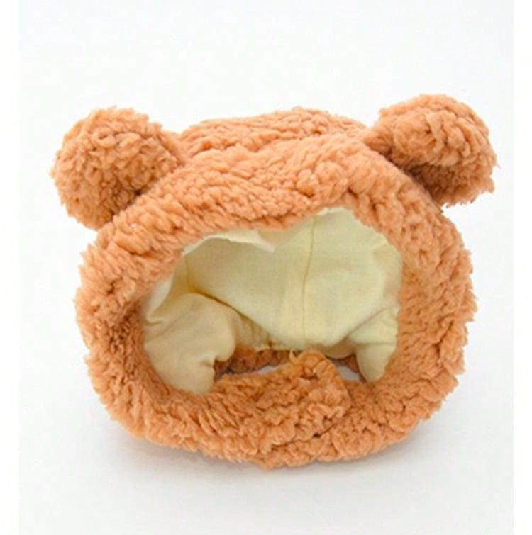 Gorro de peluche para mascota color beige con diadema esponjosa con forma de oso, textura de peluche suave y orejas redondeadas, para tocado de disfraz ajustable.