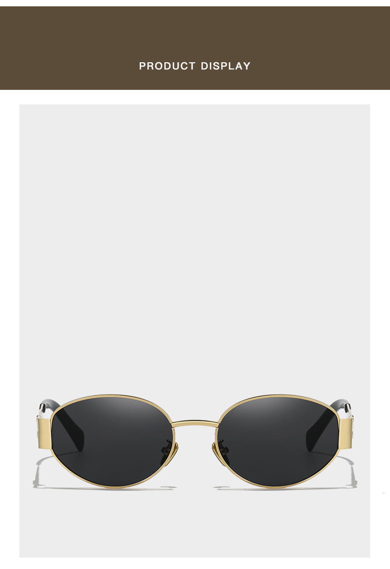 Gafas de sol ovaladas para mujer y hombre con montura metálica en tono dorado y lentes ovaladas en color gris oscuro, en un diseño minimalista y elegante.