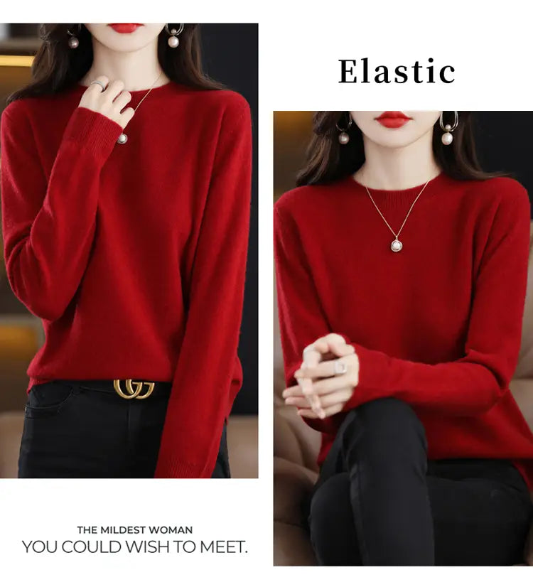 A rich red pure wool cashmere o-neck pullover sweater featuring a soft elastic fit with ribbed cuffs and long sleeves.