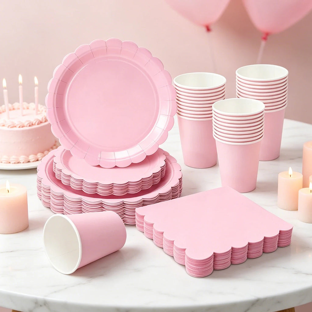 Pink Party Tableware Set Scalloped Edge Paper Plates Cups Napkins Disposable Dinnerware for Birthday Baby Shower Wedding Decor