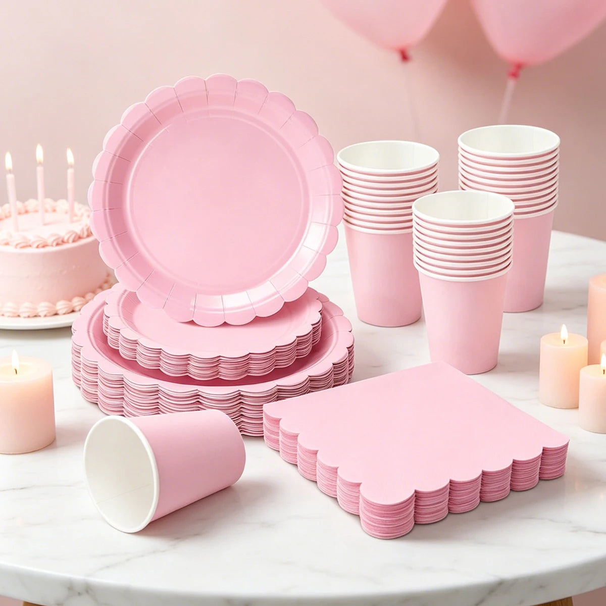 Pink Party Tableware Set Scalloped Edge Paper Plates Cups Napkins Disposable Dinnerware for Birthday Baby Shower Wedding Decor