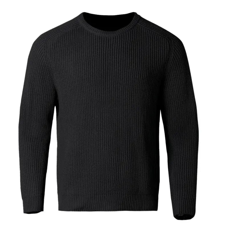 Herren-Chunky-Strickpullover aus schwarzem Rippstrick mit Crewneck und langen Ärmeln, lässiger Pullover.
