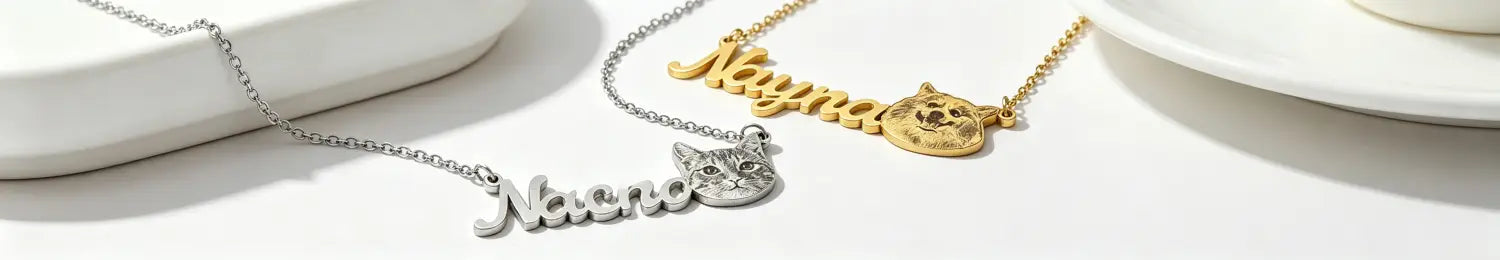 Custom pet photo stainless steel heart keychain featuring silver and gold nameplate necklaces with cat face charms.