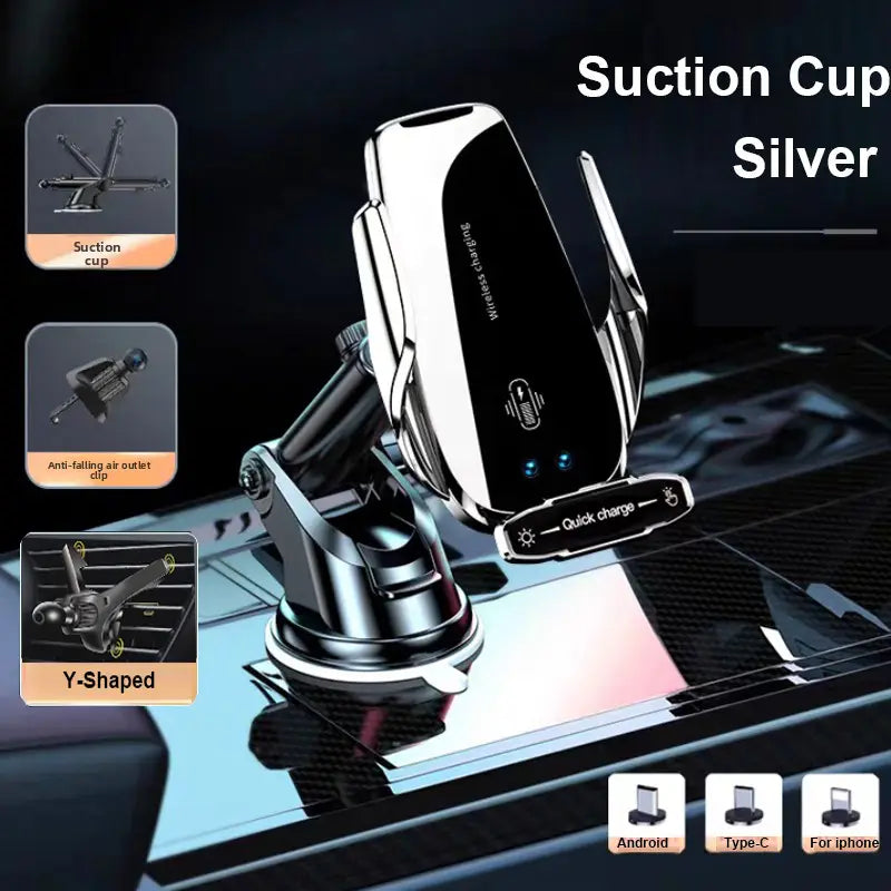 Silver auto clamping wireless car charger phone mount with sleek modern design and adjustable arm for secure placement