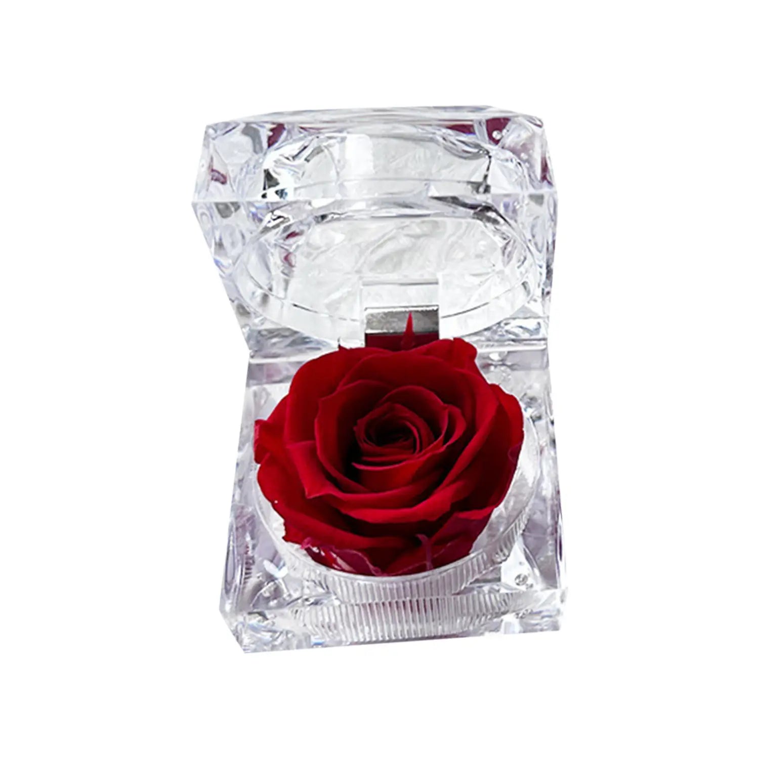 A vibrant red preserved rose nestled inside a clear faceted crystal gift box showcasing the preserved rose crystal gift box eternal flower.