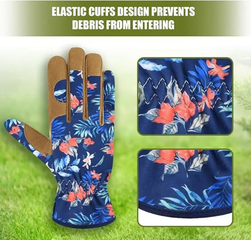 Women gardening gloves in blue floral leather with breathable thorn proof reinforced palms and tan elastic cuffs shown from the back side.