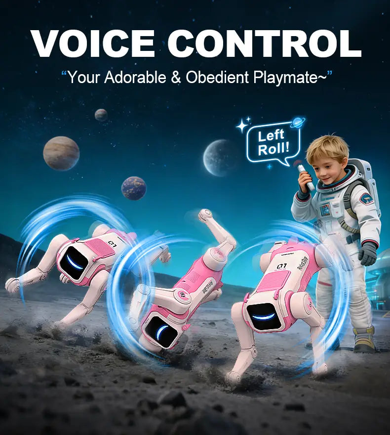 pink and white robot dog remote control toys with glowing blue accents showcasing compact product size and advanced design features