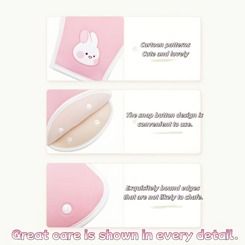 venda adhesiva de silicona rosa con diseño de linda carita de conejo incluida en un conjunto de cubierta para cinturón de seguridad infantil y almohada de soporte para el cuello con temática de panda