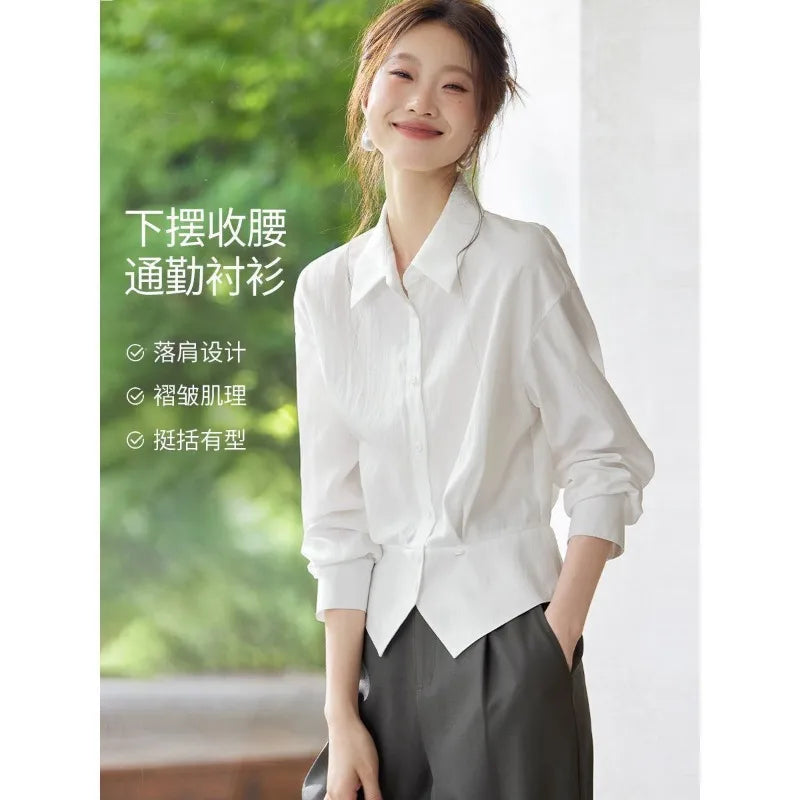 Women Long Sleeve Shirt Elegant Lapel Waist Hem Design Slim Fit Office Shirts Summer spring Ladies Breathable Commuter Blouse