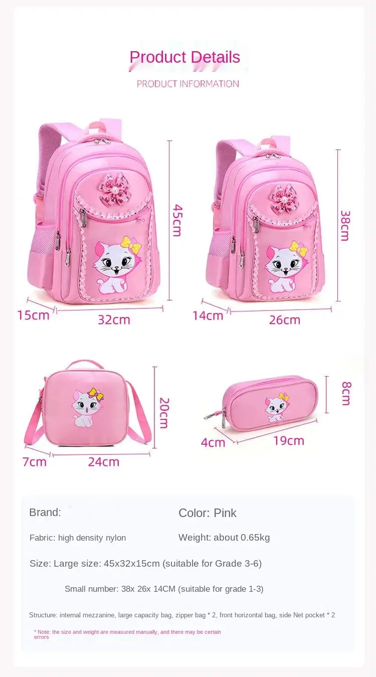 Rosa Katzen-Schulrucksack-Set für Mädchen aus hochdichtem Nylon in Rosa mit dekorativer floraler Applikation und Reißverschlüssen.
