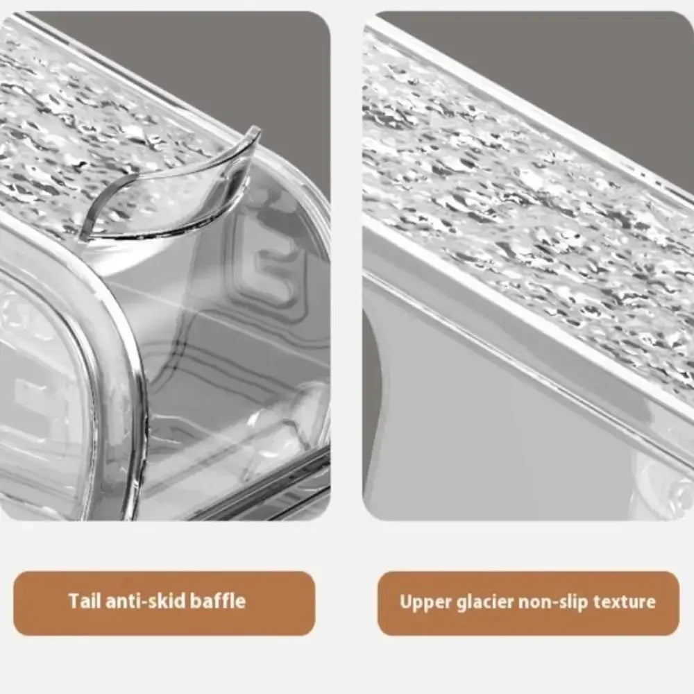 Clear plastic double layer shoe slots organizer with textured non-slip upper surface and anti-skid baffle at the tail for secure shoe storage.