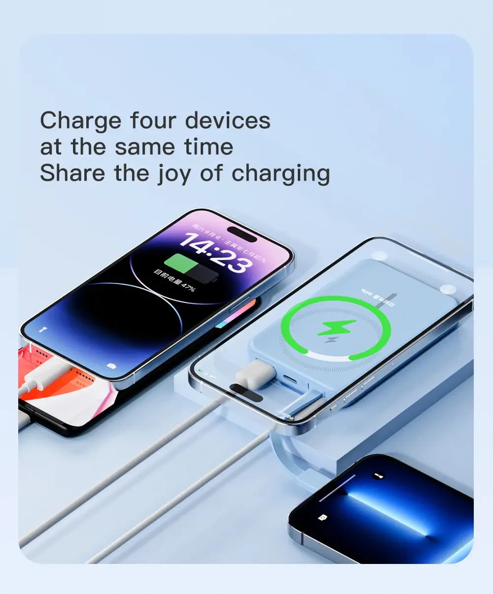 magnetic power bank 10000mah 20w fast charging wireless charging pad with four slots in sleek white plastic featuring 5v=3a and 9v=2a output specifications