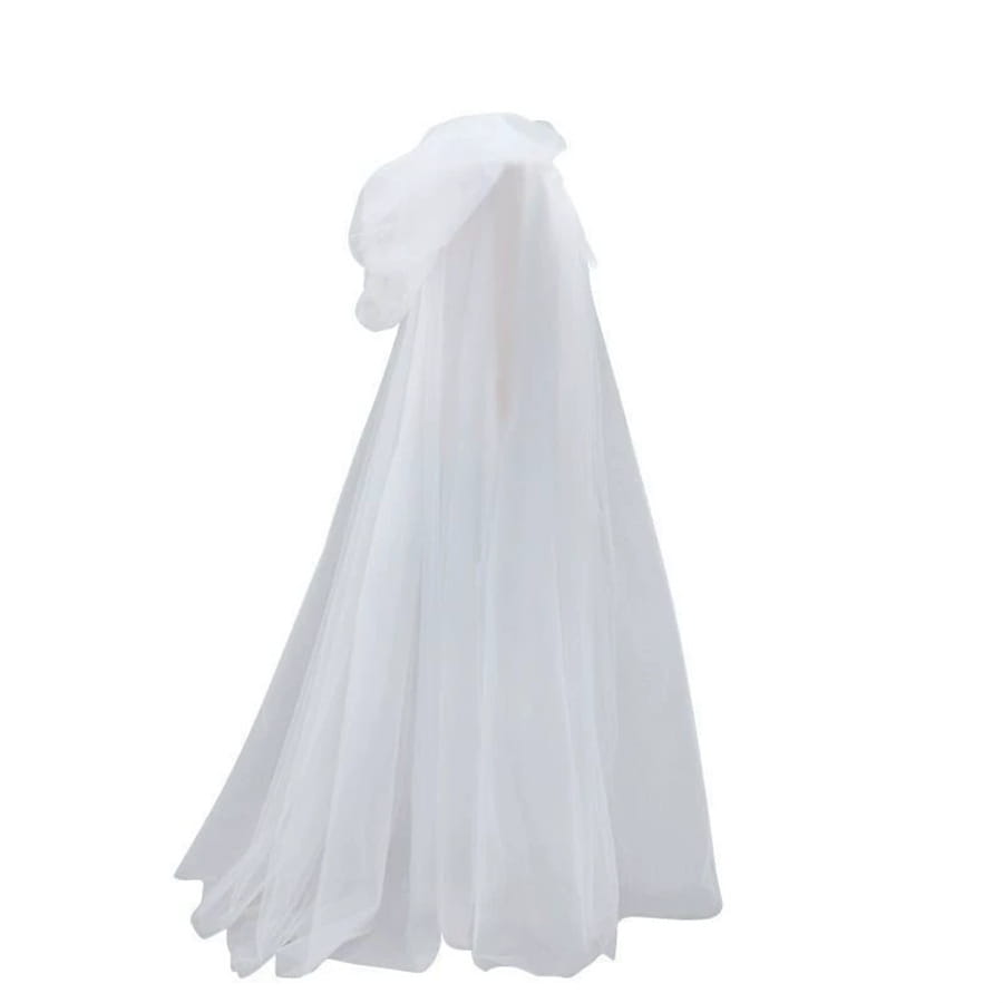a delicate white tulle veil with a soft flowing design and gathered bow at the top as part of a ghost costume hooded cloak death god witch outfit