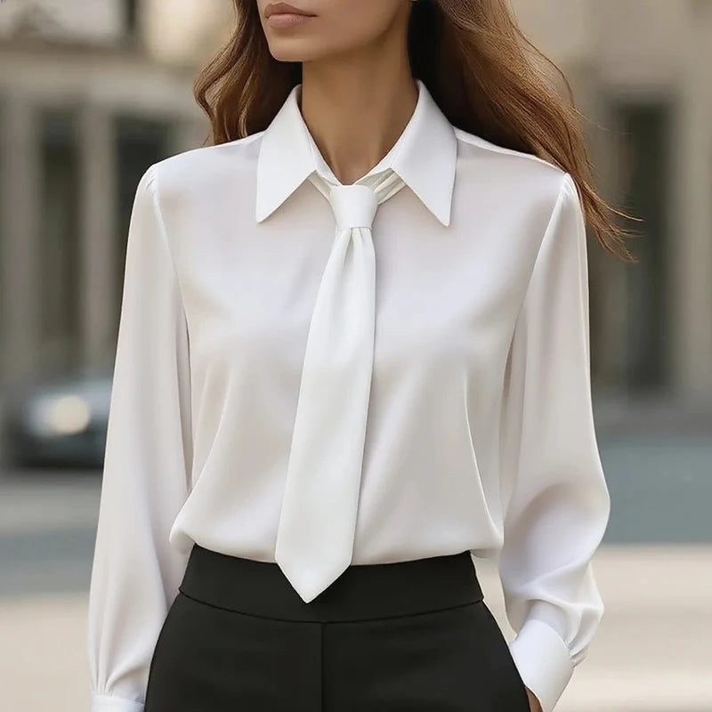 Women's Shirt Formal Bow Tie Long-sleeved Office Lady Shirt Women Fashionable Solid Color Autumn Shirt Blouses White Tops