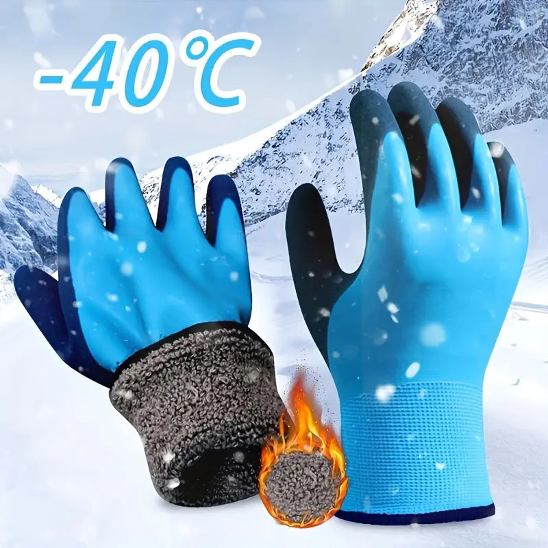 Wasserdichte Winter-Arbeitshandschuhe für Herren in Blau und Schwarz mit isolierendem thermisch-mechanischem Material und einem strukturierten Fleece-Bündchen am Handgelenk für eine außergewöhnliche Leistung bei extremen Kältebedingungen.