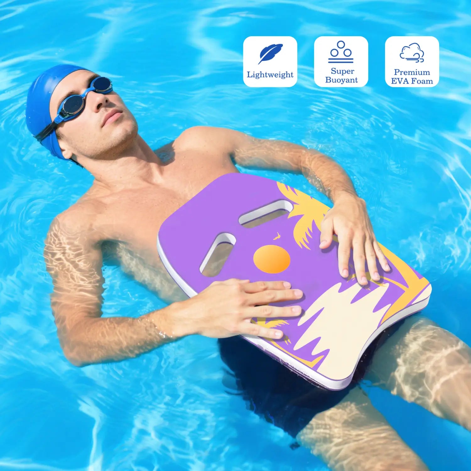 Erwachsenen-Schwimm-Kickboard aus EVA-Schaum für das Training in Lila und Gelb mit tropischem Design, gefertigt aus hochwertigem EVA-Schaum.