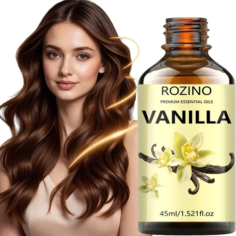 スキンケアおよびマッサージ用のRozinoプレミアム・バニラ精油の、バニラの花および莢（さや）の挿絵を用いたミニマリストなラベル付きの洗練されたアンバーガラス瓶。