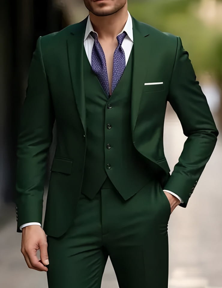 Herren schwarzer Slim-Fit-Einreiher-Smoking mit dunklem grünem Dreiteiler-Anzug, maßgeschneiderter Passform, dezentem Schimmer und klassischer Verschlussart.