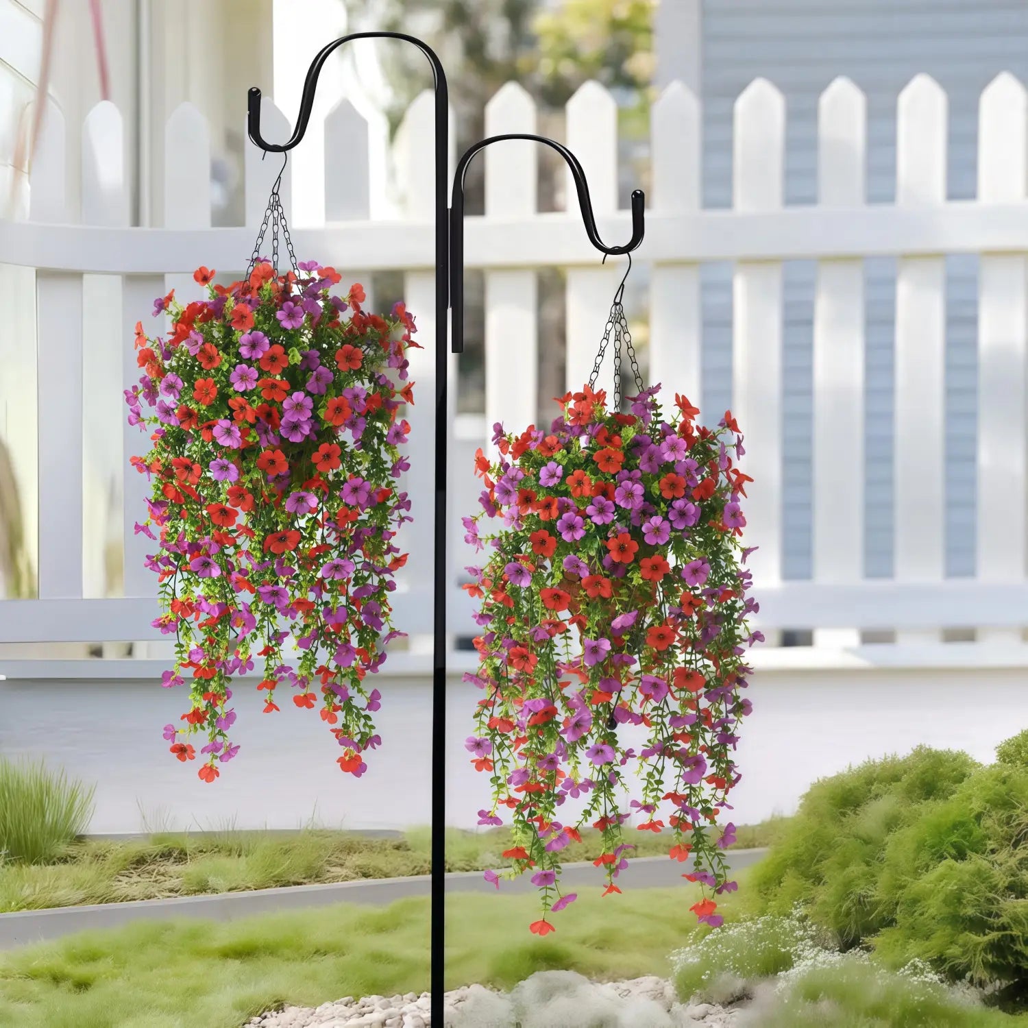 black metal hanging plant stand with two curved hooks supporting vibrant red and purple petunia-filled baskets complementing an artificial flowers morning glory vines eucalyptus flower bouquet display