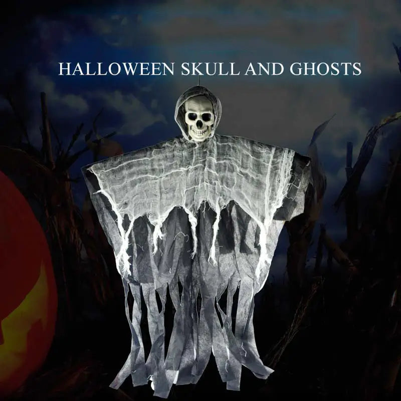 a glowing white hanging ghost halloween decoration with a hooded, tattered fabric body and dripping effects suitable for remote area outdoor use