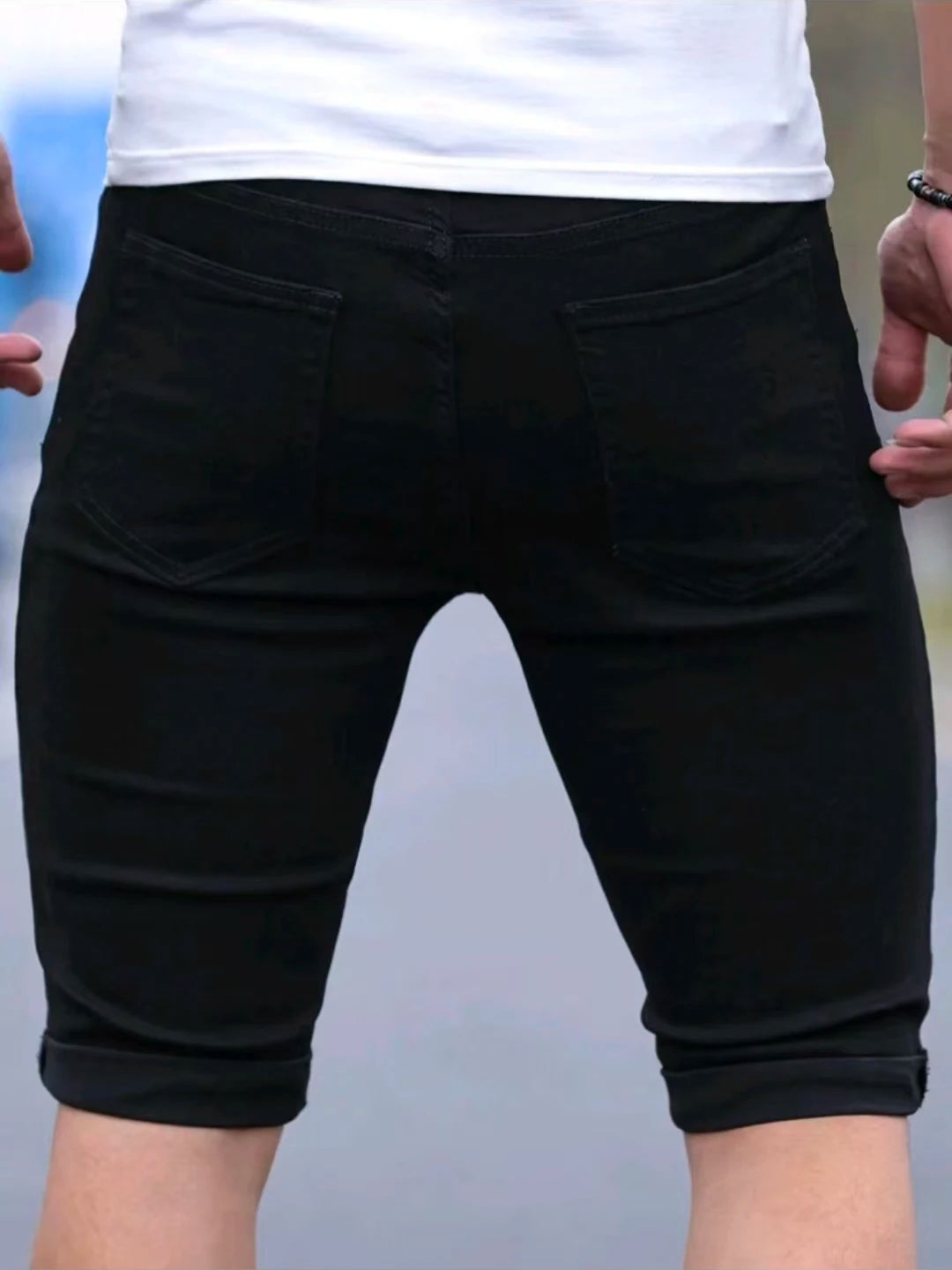Black Ripped Denim Shorts Men's Summer New Fashion Skinny Elastic Washed Knee Length Jeans Casual Slim Hip-hop Pants Streetwear