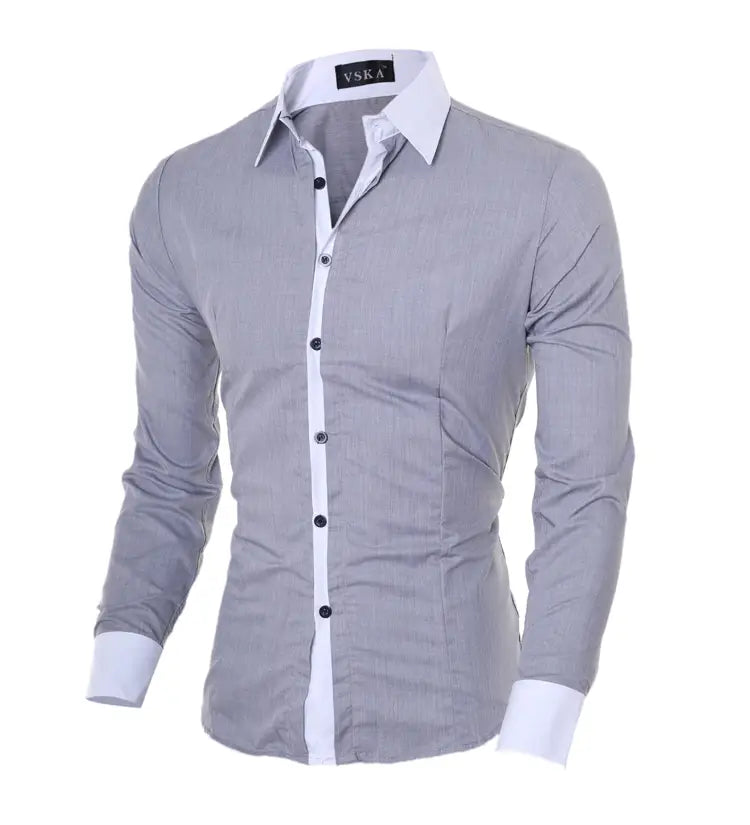 Men striped slim fit long sleeve casual shirt in gray with a slim fit design, featuring a crisp white collar and cuffs and black buttons down the front.
