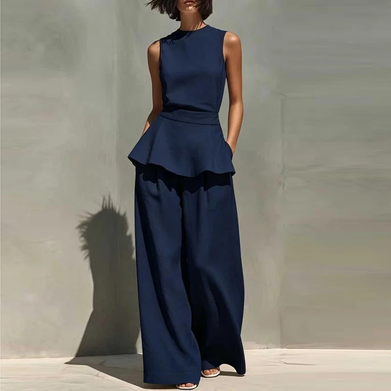 Office Lady Outfits Women Fashion Two Piece Set Summer Sleeveless O Neck Vest Sleeveless Shirt High Waist Pants Suit Work Wear