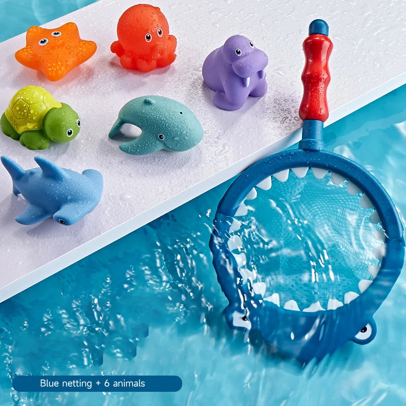 Baby Bath Toys Cute Animals Bath Toy Water Spray Bath Toys Swimming Toys Kids Floating Bath Toys with Fishing Net Fishing Toys