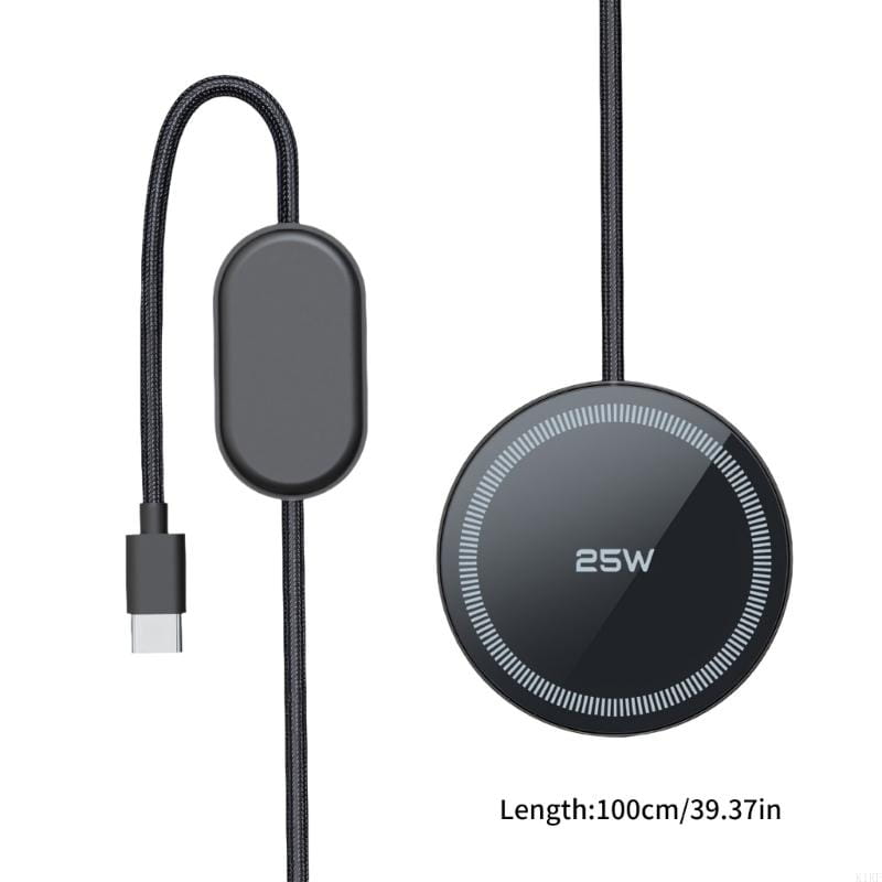 Black circular 25w fast wireless charging pad for phones with a braided cable and an oval-shaped usb-c connector.