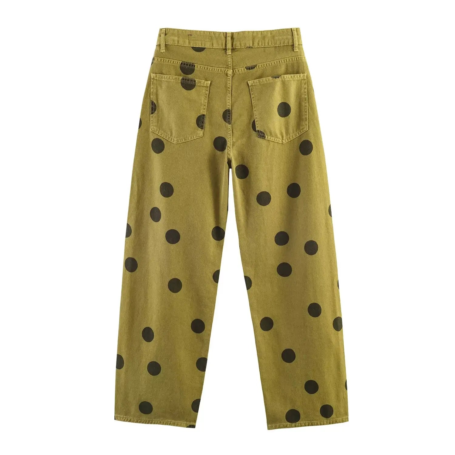 Olivgrüne Denim-Hosen mit weitem Bein, schwarzen Polka-Dots und einem Design mit hoher Taille.