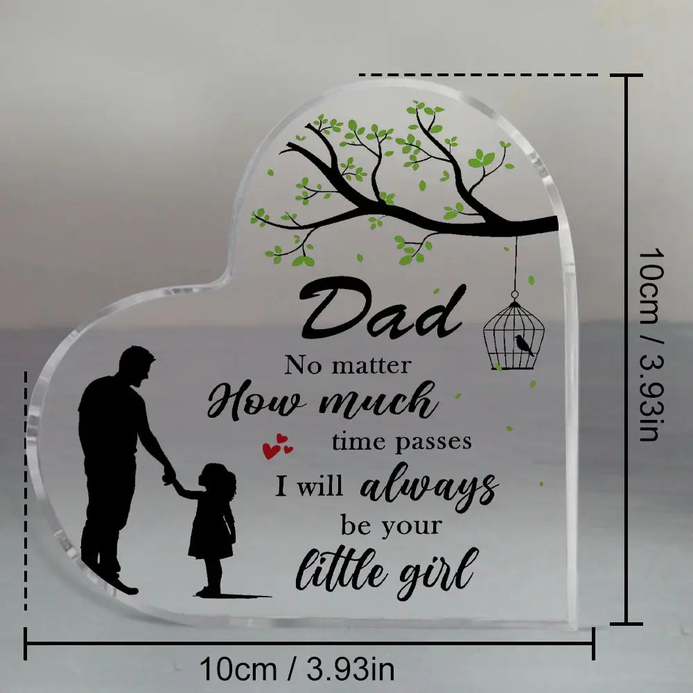 plaque acrylique transparente en forme de cœur pour « papa », présentant un motif de silhouette noire d’un père et d’une fille sous une branche d’arbre, avec une inscription en calligraphie élégante pour un cadeau père et fille, souvenir précieux.