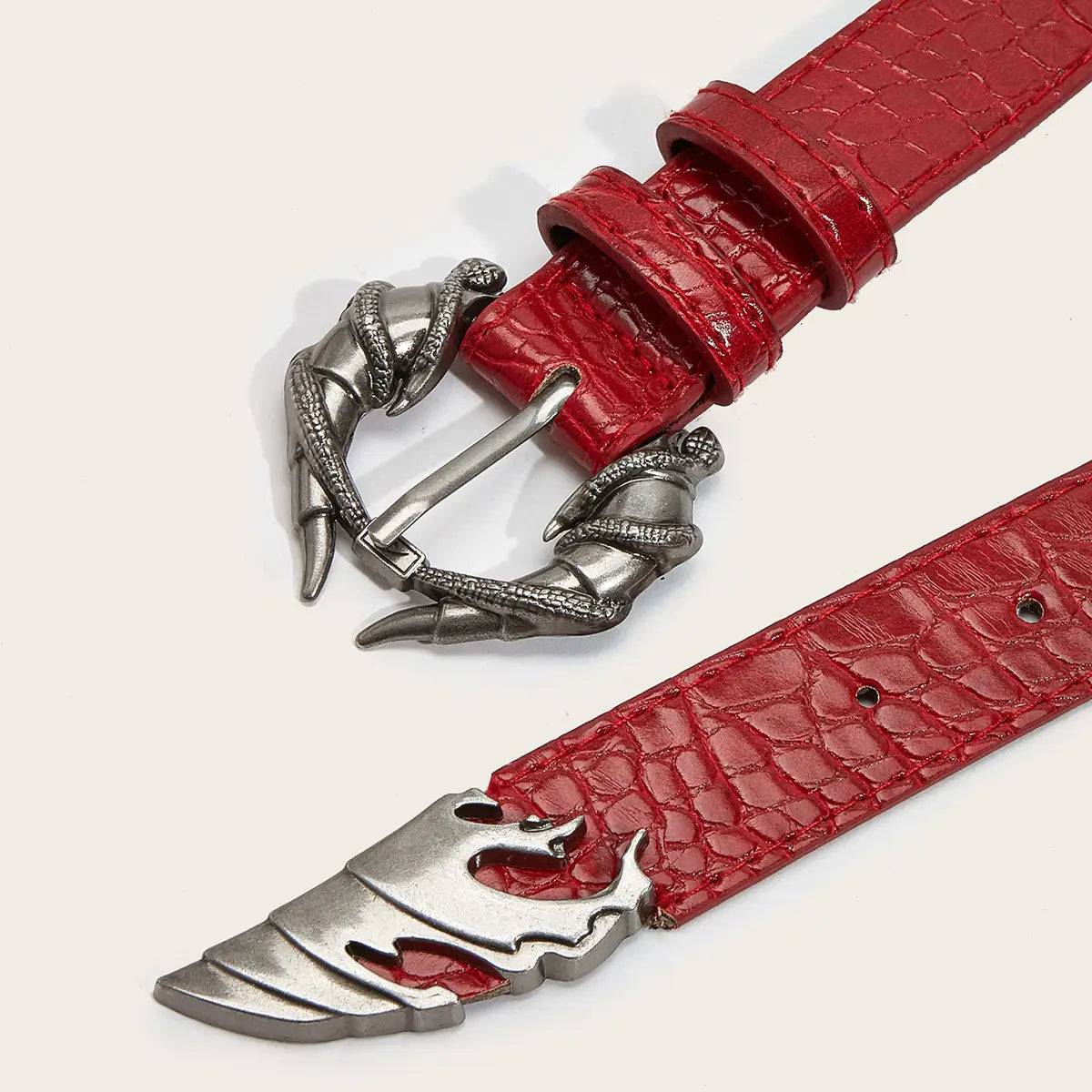 Red crocodile-textured leather belt with a silver dragon-themed buckle and matching tail charm shown from the front, designed as a plus size Y2K decoration.
