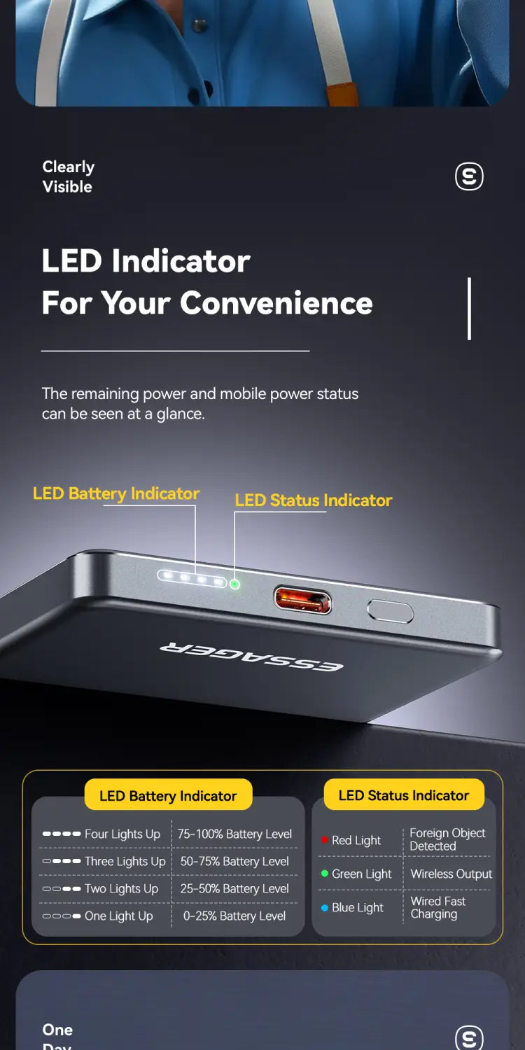 Power bank inalámbrico plateado de 5000 mAh con cargador magnético rápido, con indicadores LED para la visualización del estado y de la batería.