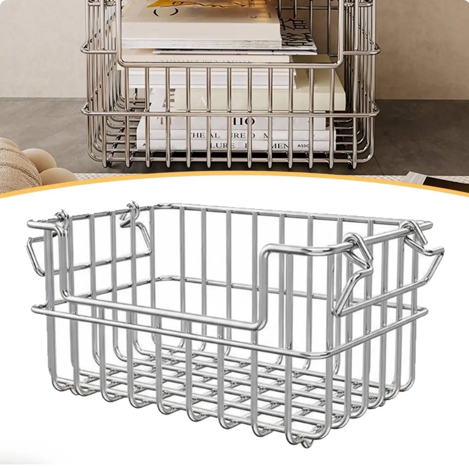 Stainless steel wire storage basket organizer featuring a silver wire mesh with reinforced handles and a sturdy rectangular design.